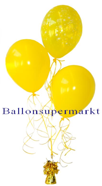 Bouquet aus Luftballons, Silvesterdekoration mit gelben Luftballons, Ballons mit Helium und Ballongewicht Stern