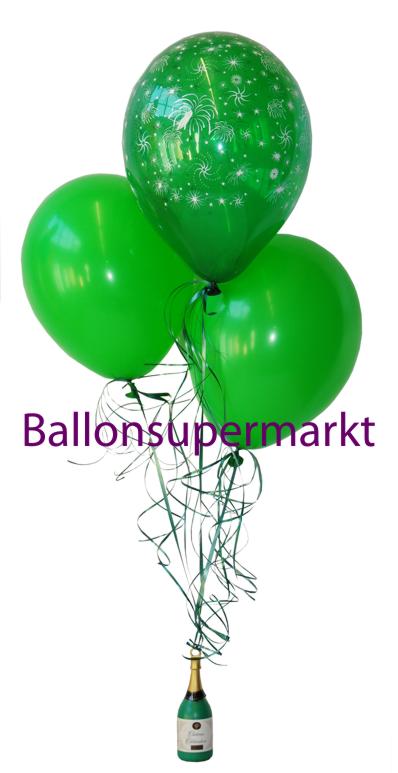 Silvester-Bouquet aus Ballons, Tischdeko zur Silvesterparty, Bukett aus grünen Ballons, Gewicht für Heliumballons als Sektflasche