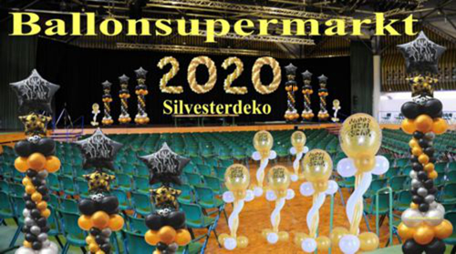 Silvesterdeko, Dekoration zu Silvester, Bühne, Halle, Festhalle, Festsaal, Silvester-Bühne, Silvesterparty